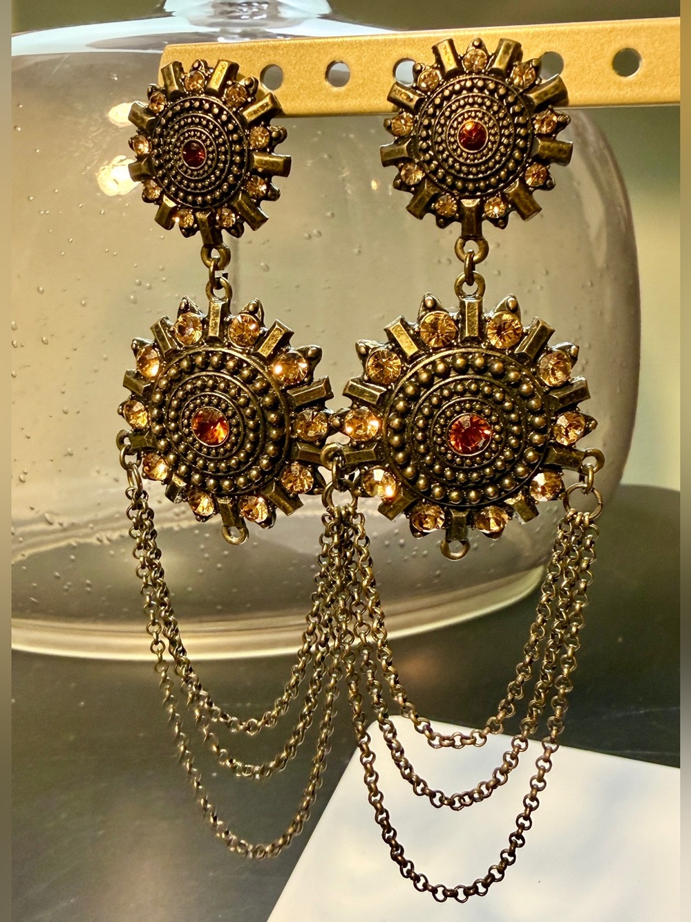 Dark Brass Metal Tone Layered Victorian Inspired Dangle Earrings
